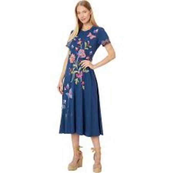 JOHNNY WAS Gracey Dress Crew Neck Swing Maxi Floral Butterfly Embroidery LARGE - Picture 2 of 12